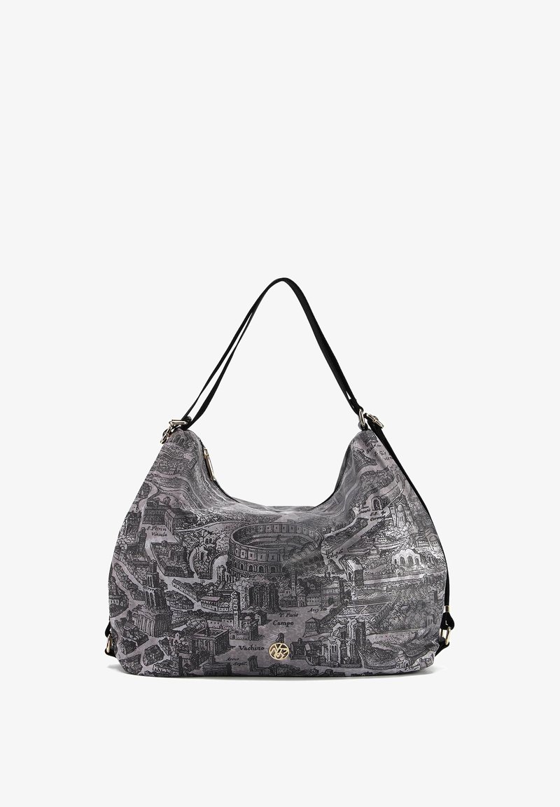Borsa hobo con una stampa grigia che presenta antichi monumenti, tracolle nere, tessuto texture e un accento di logo dorato sulla parte frontale.