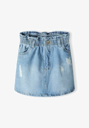 Light blue denim skirt with an elastic waistband, front pockets, and distressed details. Rounded hem and stitched accents.