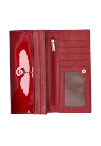 Rode portemonnee met een glanzende lakafwerking en een leren interieur met textuur. Voorzien van een vak met ritssluiting, creditcardhouders en een transparant ID-venster.