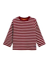Burgundin ja valkoisen raidalliset pitkähihaiset t-paita. Varustettu pyöreällä kaula-aukolla, hartiasaranoilla ja pienellä logodetaljilla helmassa.