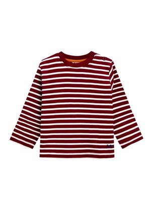 Burgundin ja valkoisen raidalliset pitkähihaiset t-paita. Varustettu pyöreällä kaula-aukolla, hartiasaranoilla ja pienellä logodetaljilla helmassa.