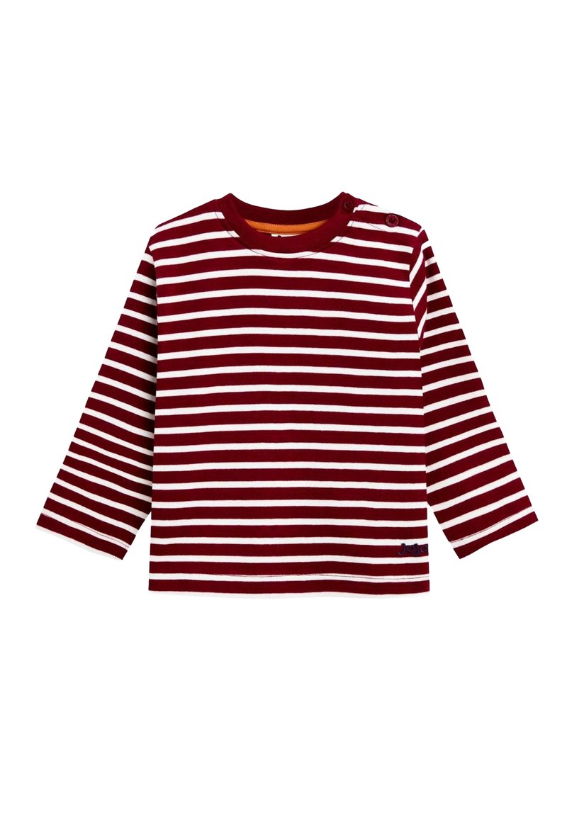 Burgundin ja valkoisen raidalliset pitkähihaiset t-paita. Varustettu pyöreällä kaula-aukolla, hartiasaranoilla ja pienellä logodetaljilla helmassa.
