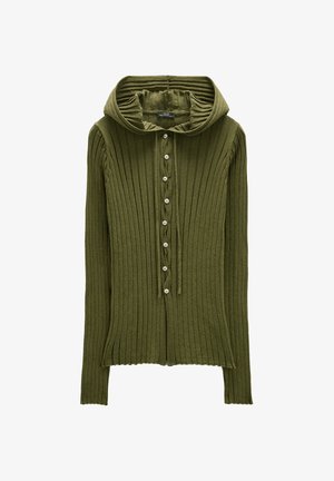 Oliwkowa, ribanowa kardigan z długim rękawem i plecionym kapturem, z zapięciem na guziki i delikatną fakturą.