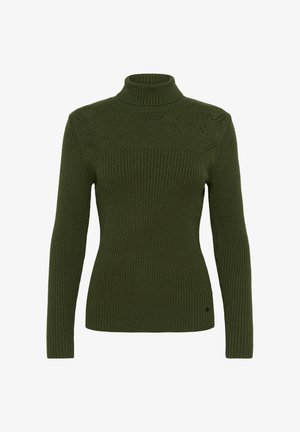 Roheline ribadesse kootud kõrge kaelusega sviiter, millel on parandatud muster õlgadel, keha lähedane lõige ja pikad varrukad. Valmistatud pehmest kootud materjalist.