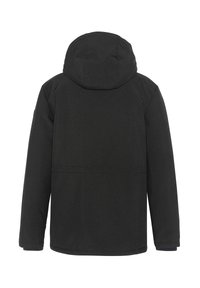Giacca nera con cappuccio, dal texture liscia e opaca. Presenta un design semplice, senza hardware o accenti visibili, e un orlo dritto.
