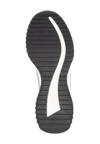 Semelle de chaussure en caoutchouc noir avec des rainures horizontales texturées, une bande blanche centrale et une indication de taille en relief, présentant un bord arrière courbé.