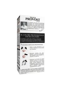 Scatola di prodotto per colorazione dei capelli, prevalentemente bianca e nera, con istruzioni dettagliate e illustrazioni. Contiene un tubo richiudibile per il mix di colore.