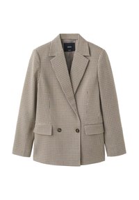 Veste blazer croisée beige à petits carreaux noirs avec revers et poches avant à rabat.