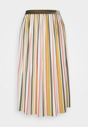 Pleated maxi skirt featuring vertical stripes in yellow, orange, olive, pink, and white with a contrasting olive waistband. Smooth texture.