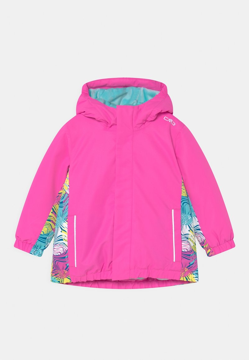 Rosa vattentät jacka med huva, med färgglada tropiska mönsteraccenter på sidorna och ärmarna samt vita reflexdragkedjor.