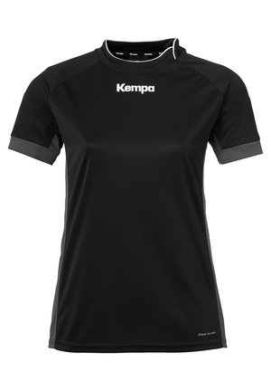 Zwart sportshirt met korte mouwen, voorzien van grijze accenten op de mouwen en zijkanten, een ronde kraag en het "Kempa"-logo op de borst.