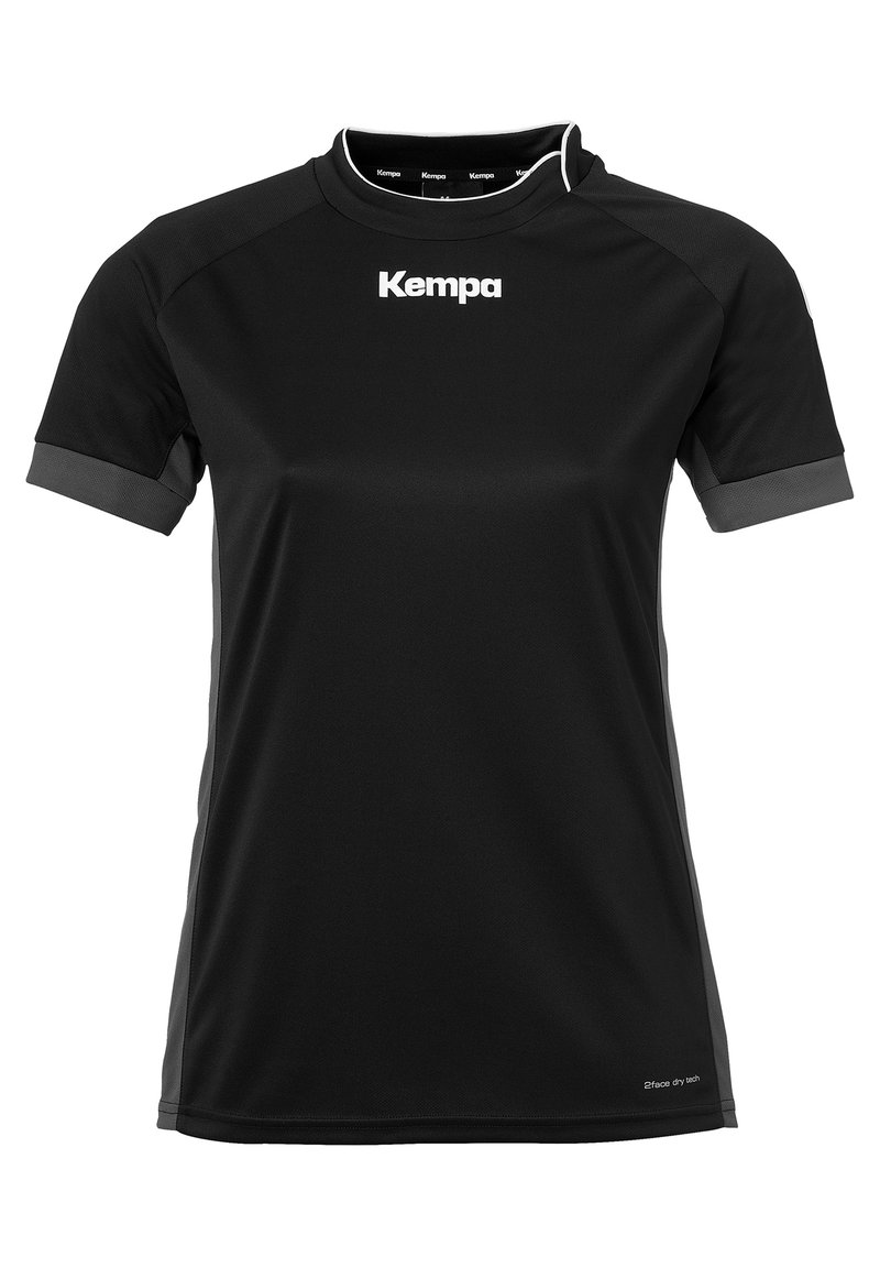 Zwart sportshirt met korte mouwen, voorzien van grijze accenten op de mouwen en zijkanten, een ronde kraag en het "Kempa"-logo op de borst.
