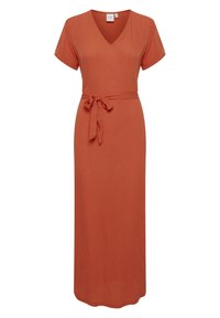 Maxi šaty v měděné oranžové, s výstřihem do V, krátkými rukávy, páskem v oblasti pasu a hladkou texturou. Jednoduchý design a délka až na zem.