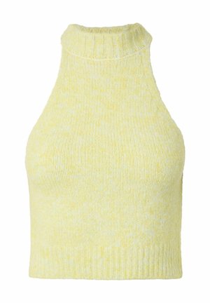 Haut court sans manches tricoté jaune avec un col montant côtelé et un ourlet côtelé.