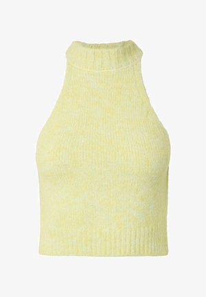 Haut court sans manches tricoté jaune avec un col montant côtelé et un ourlet côtelé.