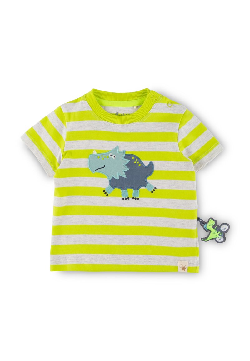 Gestreiftes T-Shirt in Grau und Neon-Grün, mit einem blauen Dinosaurier-Applikation, kurzen Ärmeln und einem Etikett mit einem Dinosaurier-Motiv.
