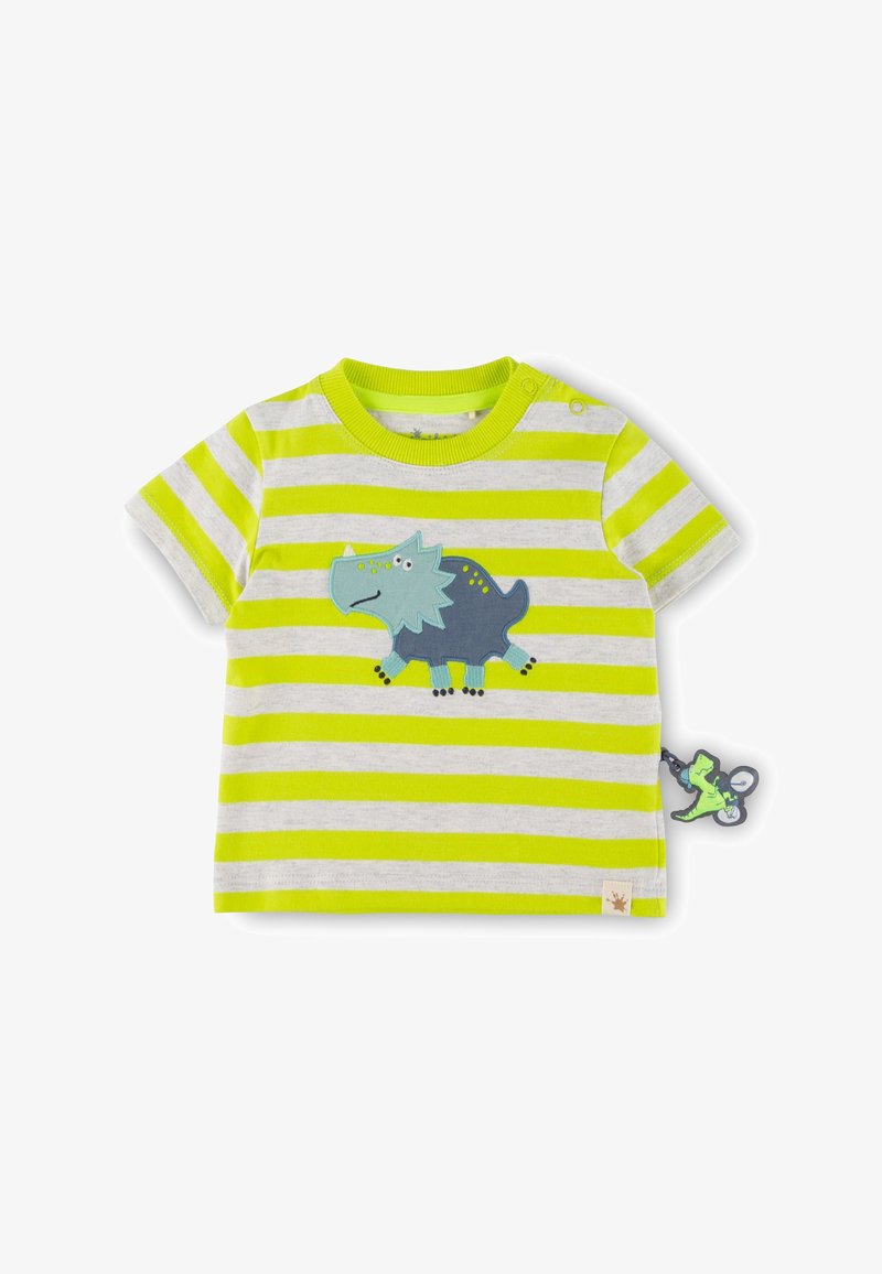 Striped t-shirt in gray and neon green, featuring a blue dinosaur appliqué, short sleeves, and a tag with a dinosaur graphic.