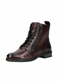 Botas de tobillo de cuero marrón con una textura suave, que cuentan con cordones y una cremallera lateral. Suela de goma negra resistente con un detalle de marca mínimo.