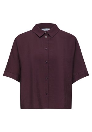 Chemise à manches courtes, violet foncé, boutonnée, avec un col classique et un tissu à texture lisse.