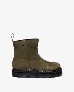 Olive green leather ankle boot with a textured finish, black chunky sole, orange stitching detail, and pull tab on the back.
