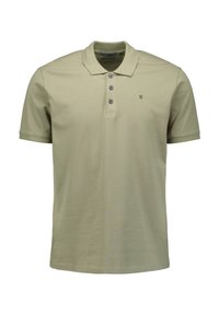 Khaki poloshirt van zachte katoen, met een knopenlijst van drie knopen, korte mouwen en een subtiele logo op de borst. Gladde textuur.