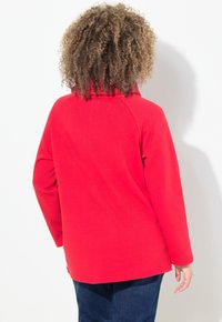 Felpa rossa con colletto alto, maniche lunghe a raglan e vestibilità rilassata. Tessuto morbido, trama liscia e orlo dritto per il massimo comfort.