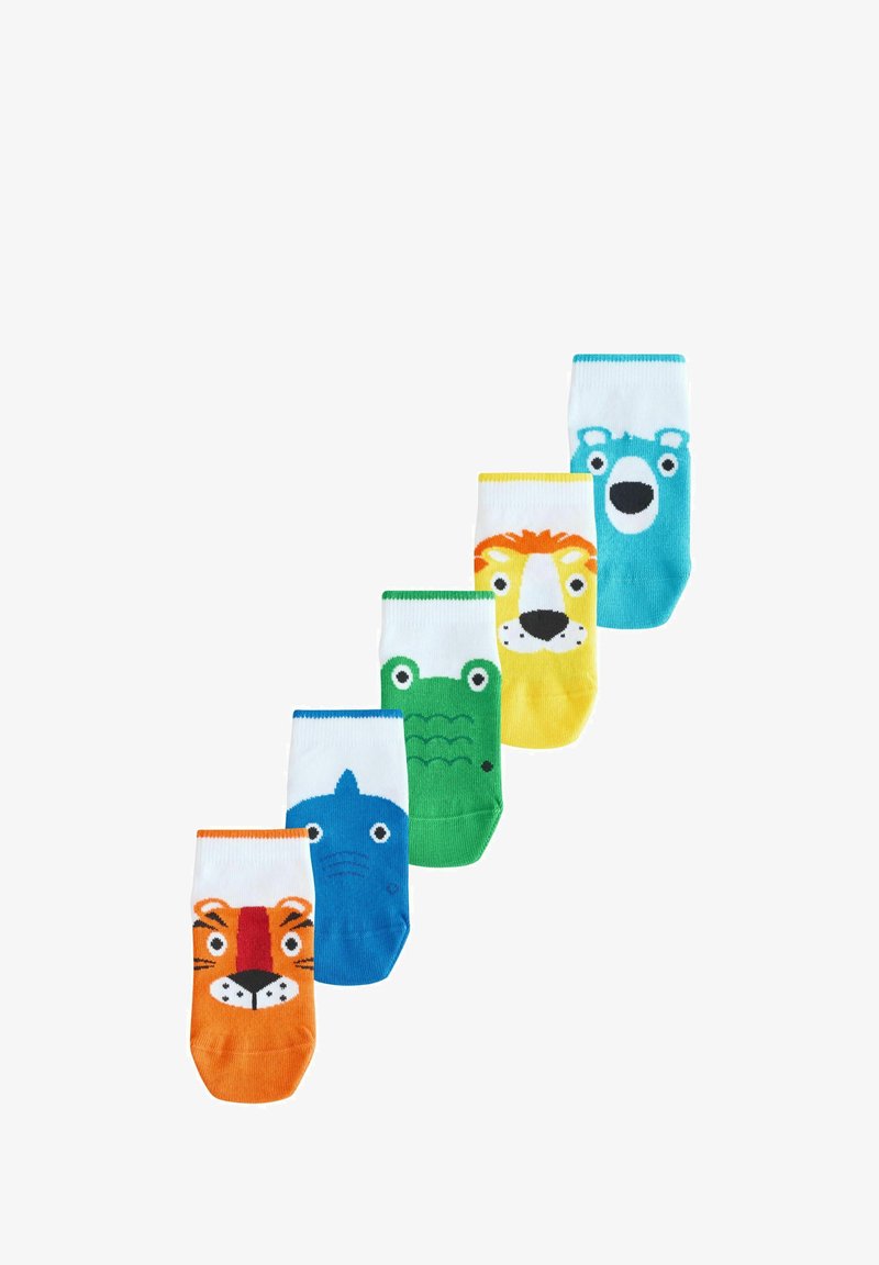 Five colorful children's socks with animal faces: tiger, shark, frog, lion, and bear, arranged in a diagonal line on a white background.
