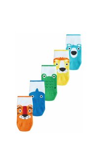 Cinq paires de chaussettes pour enfants avec des motifs d'animaux : tigre orange, baleine bleue, crocodile vert, lion jaune et ours turquoise.