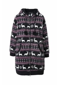Giacca a zip con cappuccio in pile nera e viola, con un motivo di renne e dettagli di fiocchi di neve. Include tasche frontali e pompon.