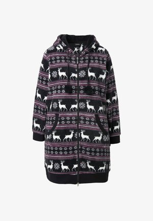 Giacca a zip con cappuccio in pile nera e viola, con un motivo di renne e dettagli di fiocchi di neve. Include tasche frontali e pompon.