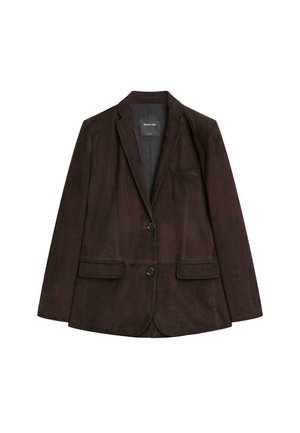 Blazer en suède marron avec revers à cran, deux poches avant et fermeture à un bouton. Dispose d'un doublage partiel.