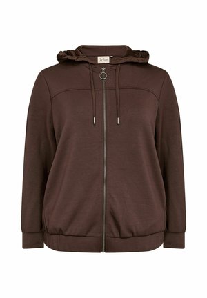 Brown zip-up hoodie with a ruffled hood, drawstrings, front pockets, and ribbed cuffs. Smooth fabric with a relaxed fit and stitched detailing.