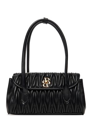 Schwarze gesteppte Lederhandtasche mit zwei langen Griffen und goldenem BB-Logo-Verschluss an der Vorderklappe.