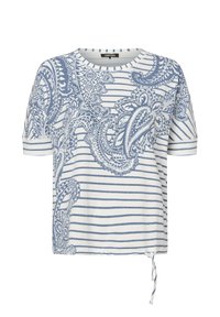 Blue and white striped short-sleeve top with paisley pattern, round neck, and adjustable tie detail at the hem. Made from soft, lightweight fabric.
