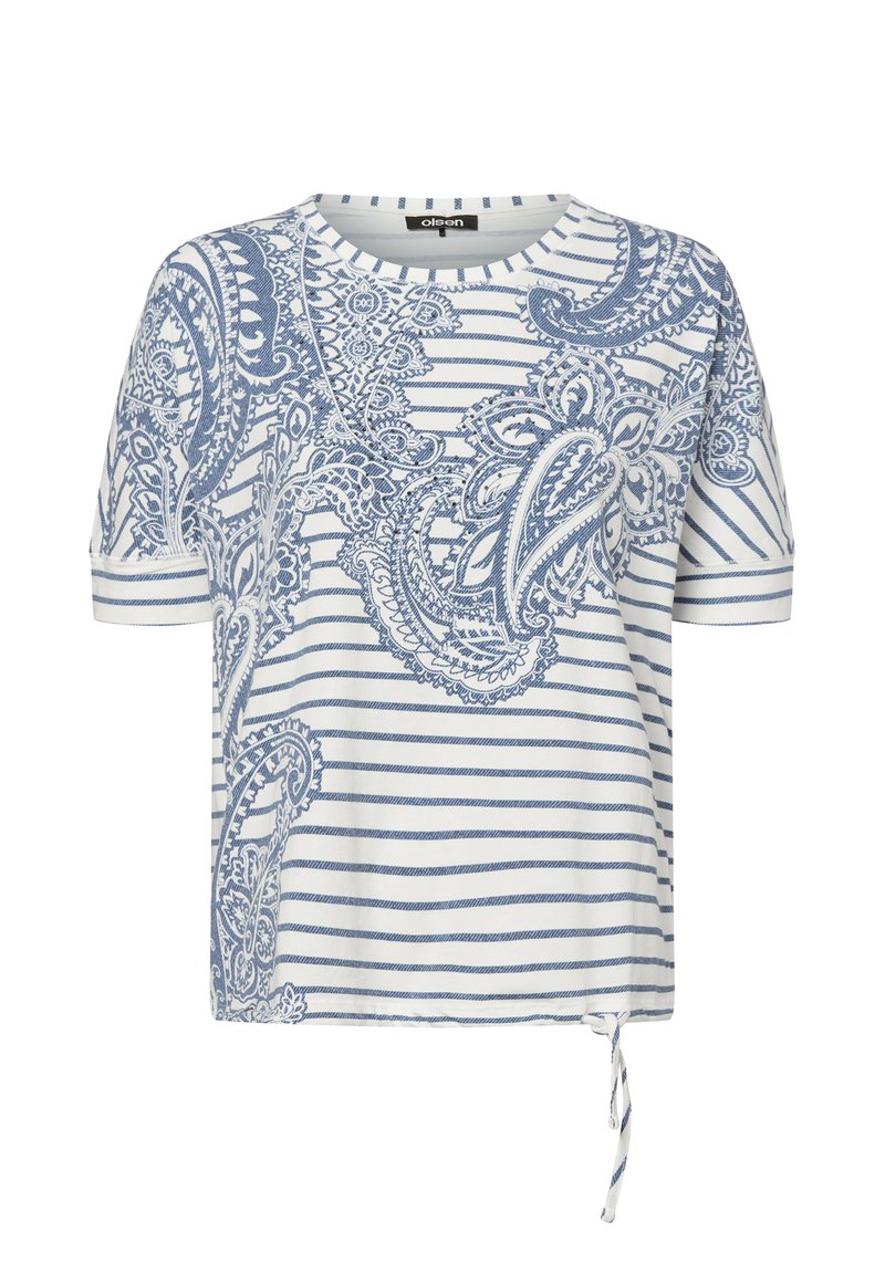 Blue and white striped short-sleeve top with paisley pattern, round neck, and adjustable tie detail at the hem. Made from soft, lightweight fabric.