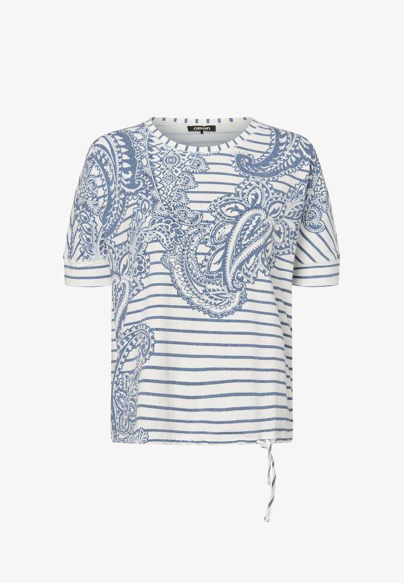 Blue and white striped short-sleeve top with paisley pattern, round neck, and adjustable tie detail at the hem. Made from soft, lightweight fabric.