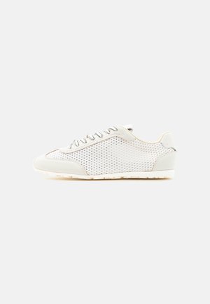 Low-profile white sneaker with mesh sides, lace-up closure, and rubber sole on a plain light background.