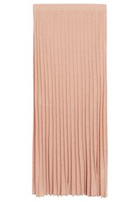 Falda plisada de un rosa pálido con una superficie texturada, que presenta arrugas verticales y una cintura lisa. Fabricada con un tejido ligero y ligeramente brillante.