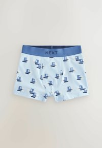 Modré bavlnené boxerky so vzorom svetlomodrých a tmavomodrých tvarov. Elastický pás so značkovým nápisom "NEXT".