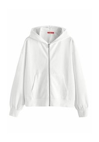 Hoodie zippé blanc avec poches avant, manches longues et capuche, présenté sur un fond blanc.