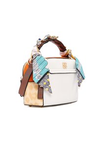 Borsa in pelle bianca con base marrone, accenti in tessuto a fantasia, manico intrecciato e scomparto con zip. Dettagli in più colori.