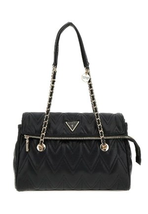 Borsa a tracolla nera trapuntata con motivo a zigzag, dotata di zip superiore, tracolla a catena e piastra logo triangolare. Accenti in hardware argentato.