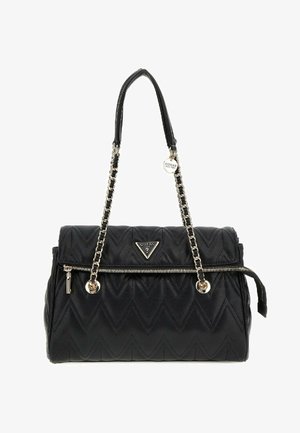 Borsa a tracolla nera trapuntata con motivo a zigzag, dotata di zip superiore, tracolla a catena e piastra logo triangolare. Accenti in hardware argentato.