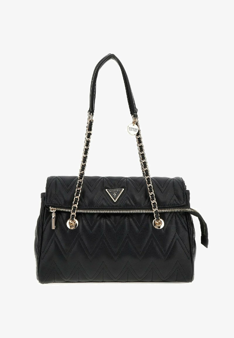 Borsa a tracolla nera trapuntata con motivo a zigzag, dotata di zip superiore, tracolla a catena e piastra logo triangolare. Accenti in hardware argentato.