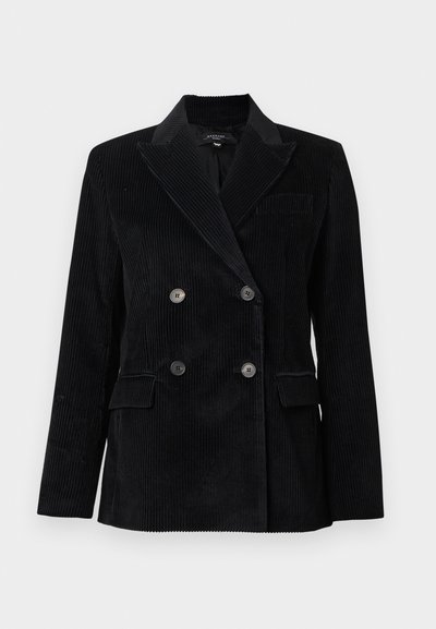 Blazer de veludo cotelê preto, de abotoamento duplo, com lapelas entalhadas, dois bolsos frontais e riscas verticais texturizadas. Apresenta seis botões.