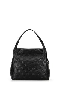Sac à main en cuir noir avec des motifs en relief et une surface texturée. Dispose de deux poignées et d'une poche latérale zippée pour le rangement.
