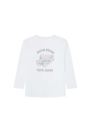 Hvid langærmet skjorte med hjertegrafik, banner med teksten "London" og teksten "Denim Brand Pepe Jeans" på forsiden.