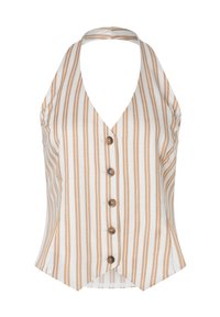 Trägerloses, V-Ausschnitt-Haltertop in Weiß mit vertikalen beigen Streifen. Verfügt über Holzknebelknöpfe vorne und ein tailliertes Design.