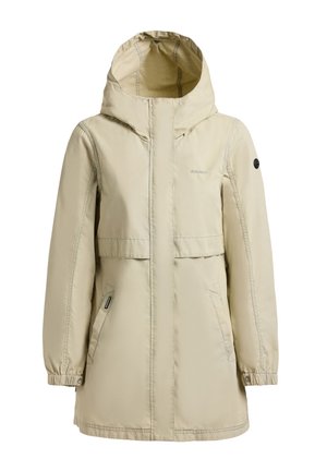 Bézs hosszú kapucnis kabát első zsebekkel, rugalmas mandzsettákkal, rejtett elülső cipzárral és gombos részletekkel az ujjakon és a derékon.