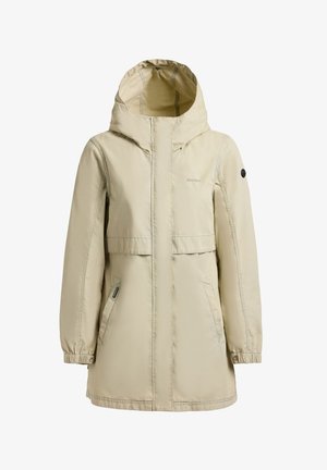 Beež pikk kapuutsiga mantel esitaskute, elastsete mansettide, varjatud esilukuga ja nööpidega varrukatel ning vöökohal.